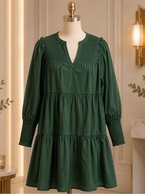 Universal Thread Forest Green Tiered Long Sleeve Dress